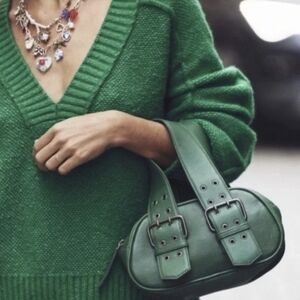 🔥New Free People Say Yes Bag Tote Handbag Small Oval Pine Premium Sheep Leather